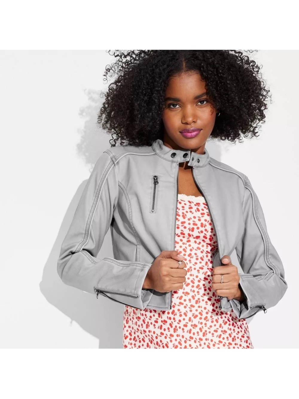 NWT Wild Fable Size S Women's Light Gray Moto Jacket faux leather fitted look